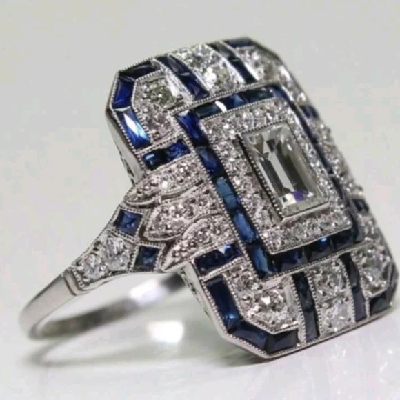 Art Deco Silver and Blue Sapphire Ring - Picture 2 of 2